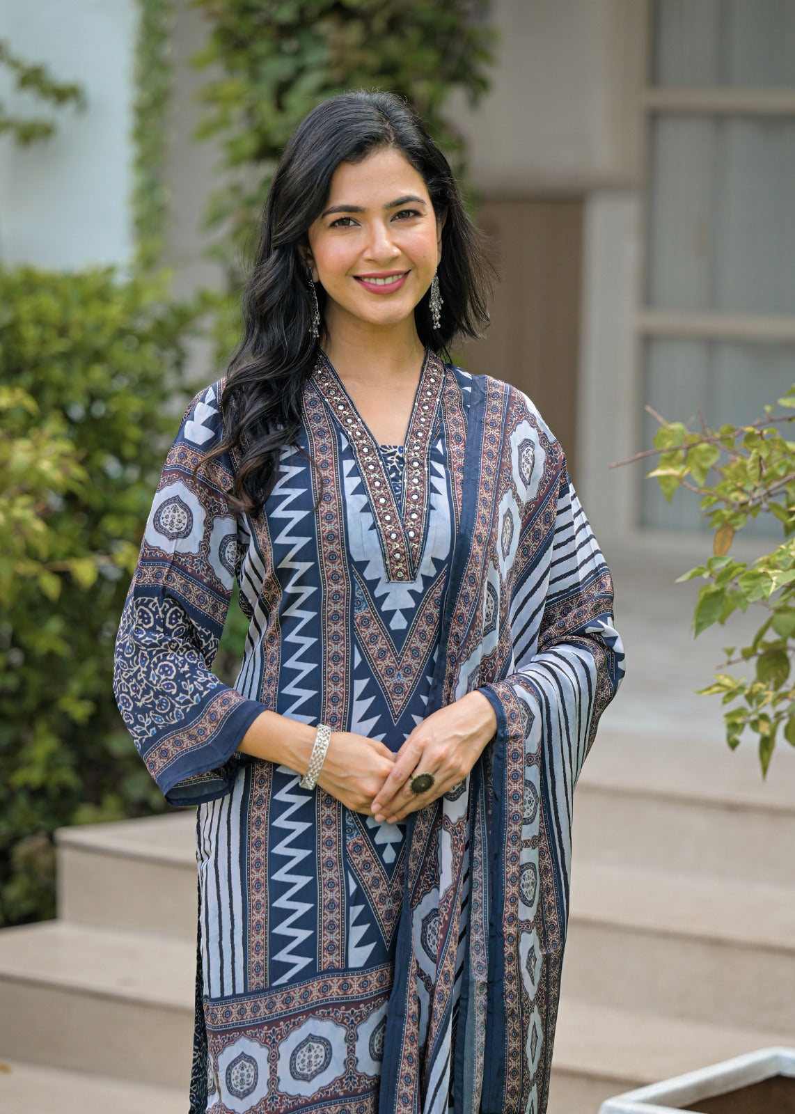 Abstract Print Crepe Full Suit With Printed Dupatta Set-12220