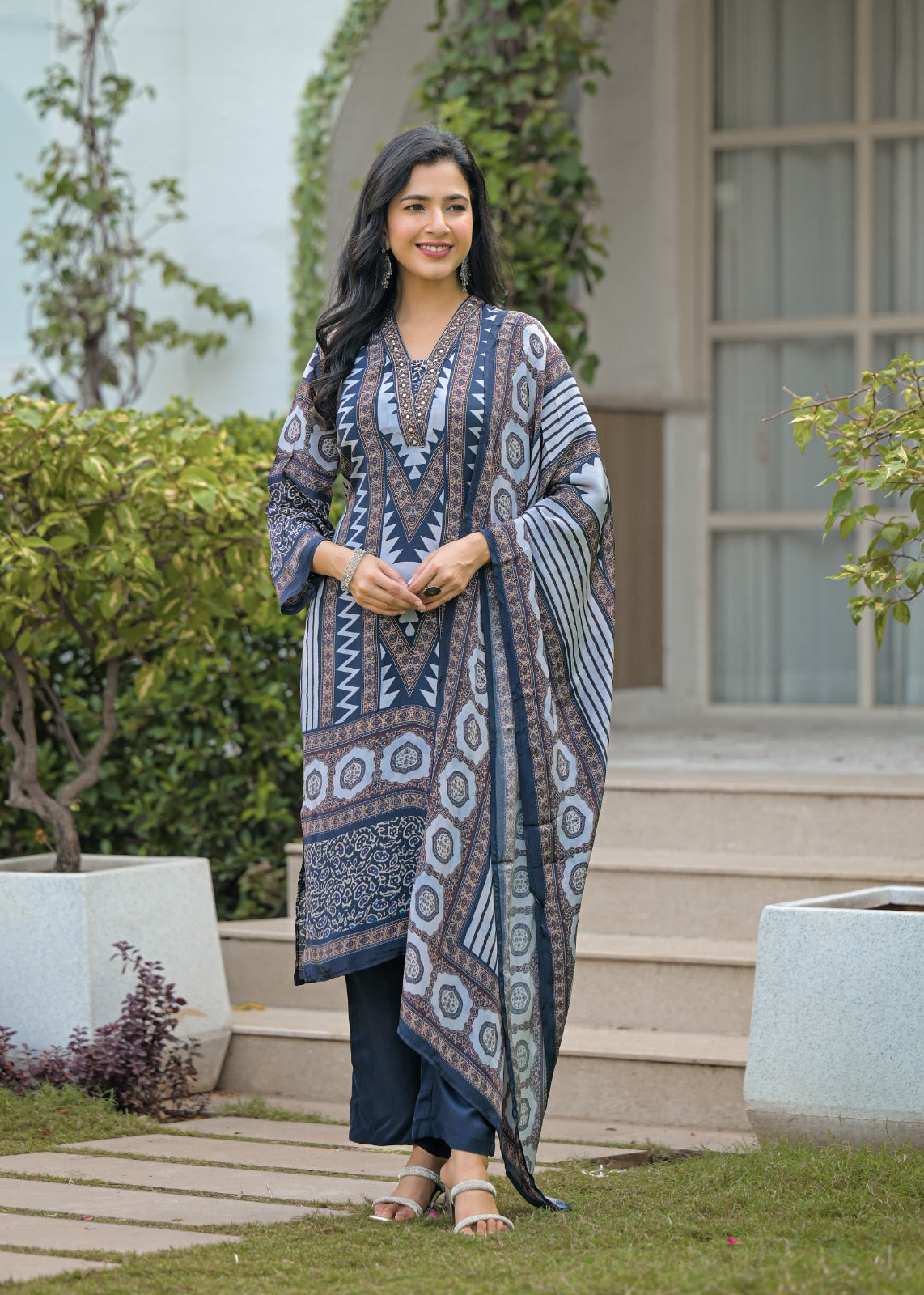 Abstract Print Crepe Full Suit With Printed Dupatta Set-12220