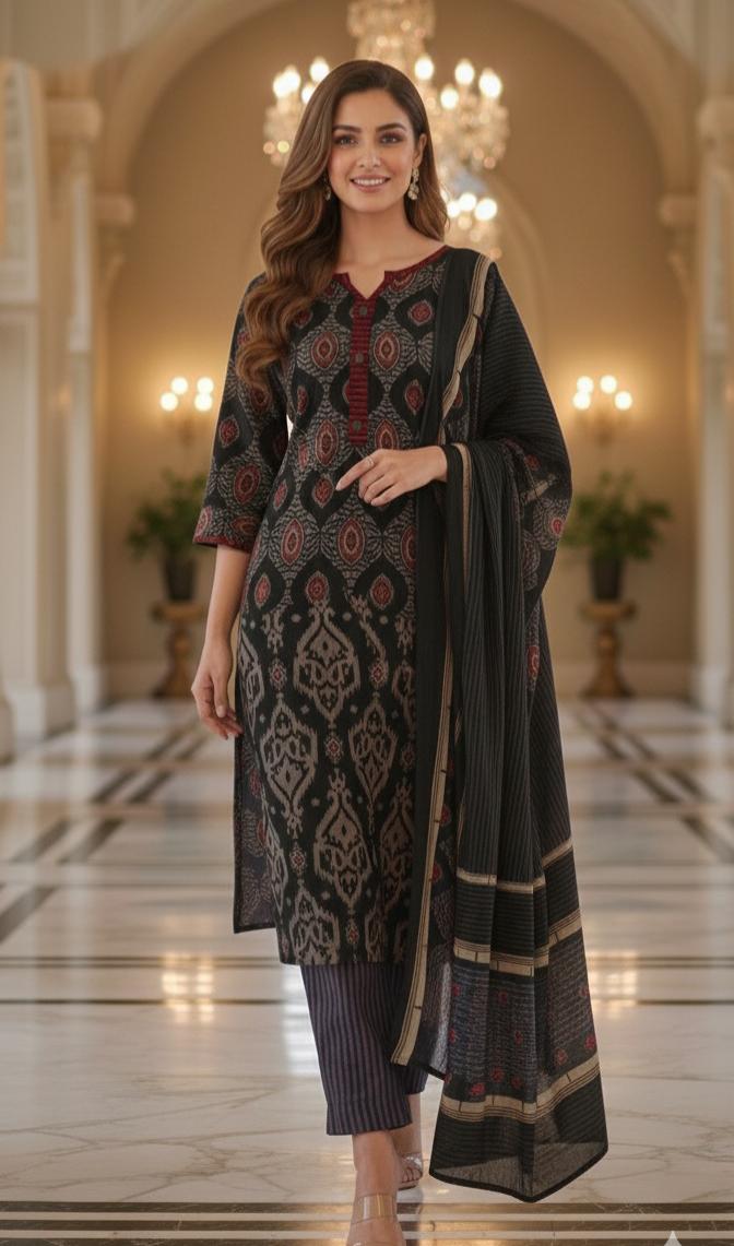 Pure Cotton Block Printed Straight Suit Set with Contrast Striped Dupatta-12242,12239