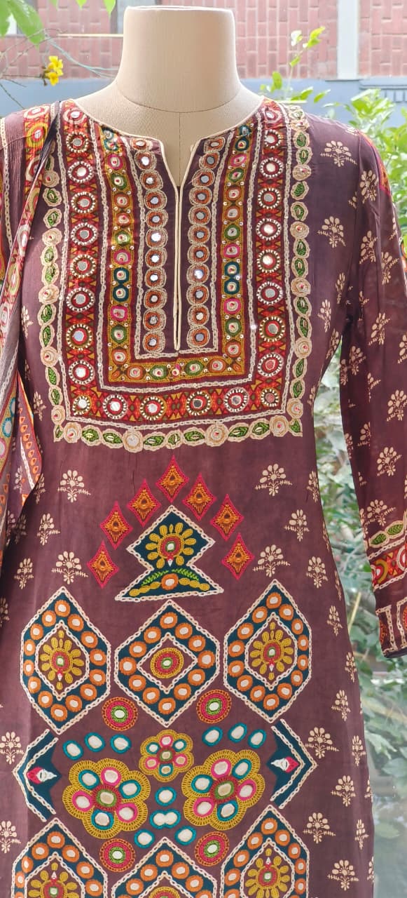 Premium Soft Crepe Straight Suit Featuring Multicolor Traditional Print, Detailed Neck Pattern and Printed Dupatta-12233