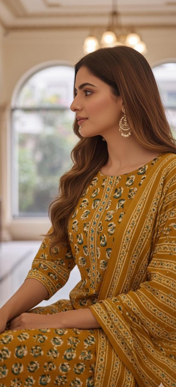 Hand Block Cotton Printed Kurta Pant With Dupatta-12240