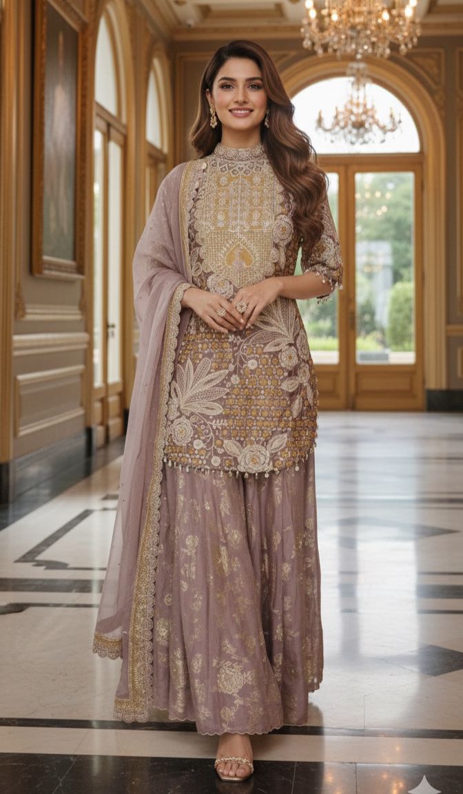 Pastel Combination Heavy Embroidered Work Tasseled Short Kurta With Brocade Panel Palazzo Bottom & Dupatta- 11744