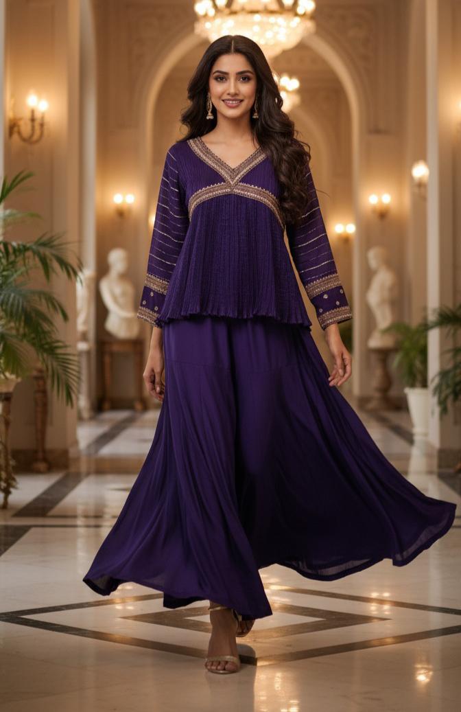 Stylish Zari Gotta Bordered Crushed Peplum Short Kurta With Flared Tapper Pannel Sharara Bottom- 11315