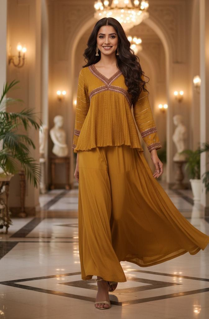 Stylish Zari Gotta Bordered Crushed Peplum Short Kurta With Flared Tapper Pannel Sharara Bottom- 11315
