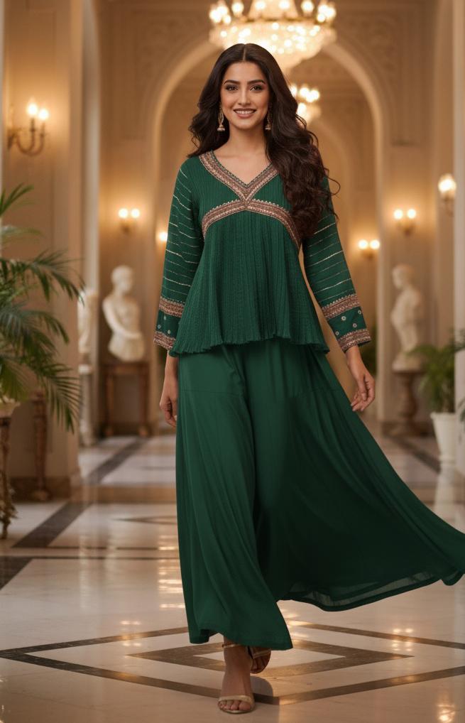 Stylish Zari Gotta Bordered Crushed Peplum Short Kurta With Flared Tapper Pannel Sharara Bottom- 11315