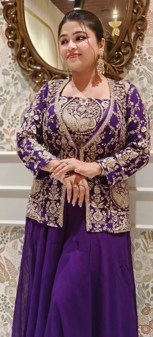 Heavily Worked Middle Length Jacket With Buster & Very Flared Loose Palazzo Bottom- 12471