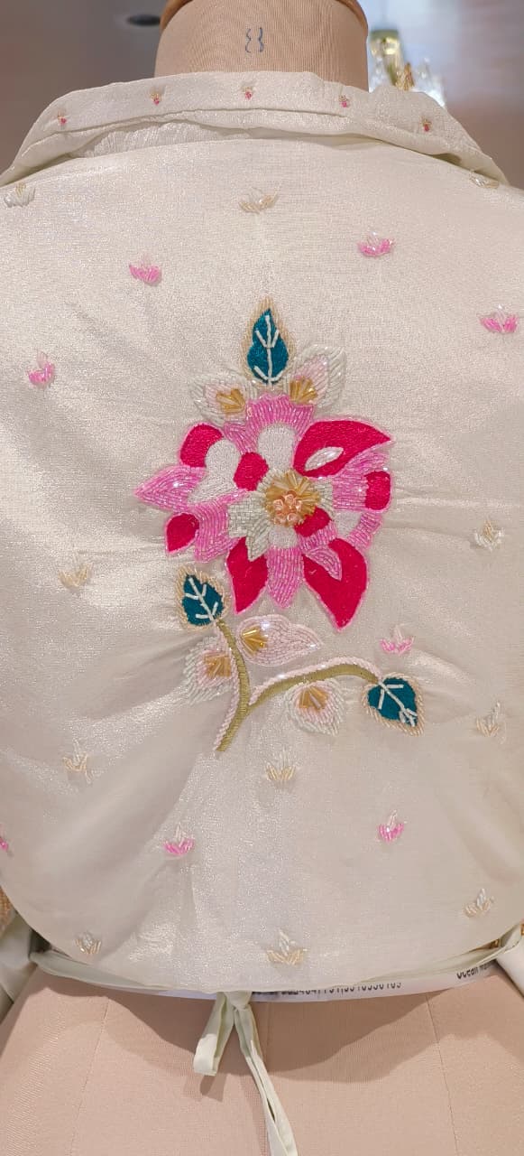 Very Elegant Cut-dana Floral Work Tassled Collared Tissue Crop Top With Drape Skirt- 12363 (Dispatching After 45 Days On Orders)