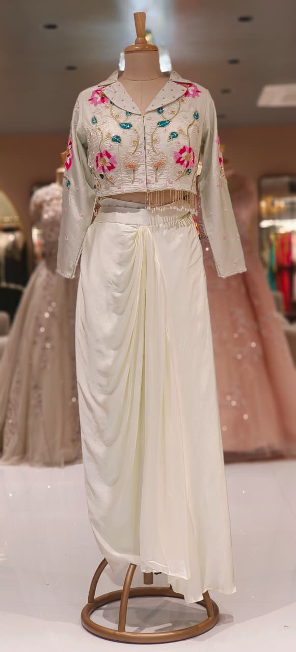 Very Elegant Cut-dana Floral Work Tassled Collared Tissue Crop Top With Drape Skirt- 12363 (Dispatching After 45 Days On Orders)