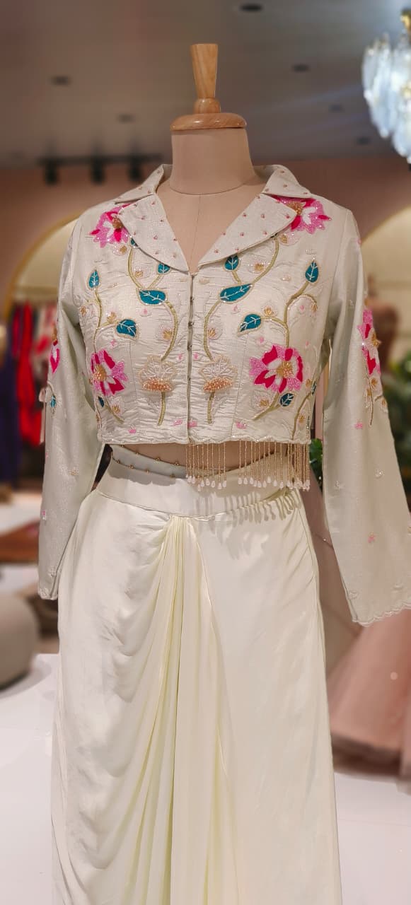 Very Elegant Cut-dana Floral Work Tassled Collared Tissue Crop Top With Drape Skirt- 12363 (Dispatching After 45 Days On Orders)