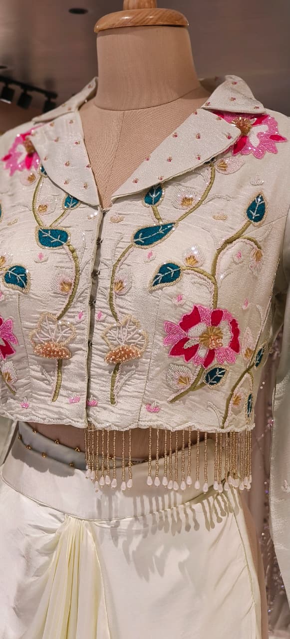 Very Elegant Cut-dana Floral Work Tassled Collared Tissue Crop Top With Drape Skirt- 12363 (Dispatching After 45 Days On Orders)