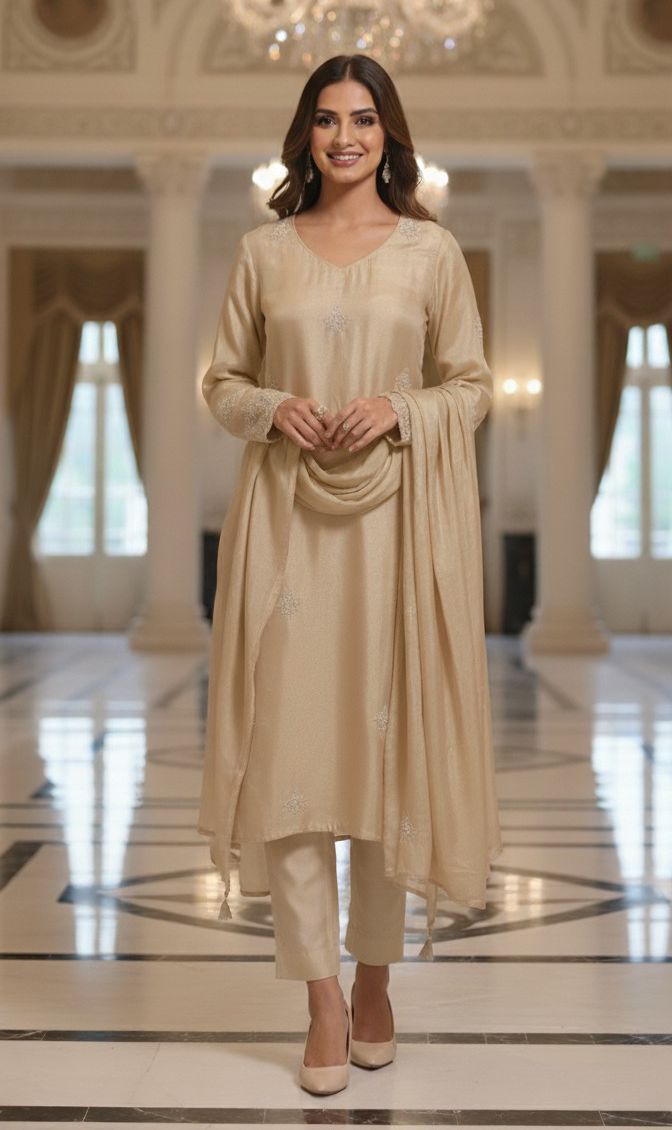 Very Minimal Work Soft Toned Tissue A-Line Full Suit Set With Dupatta- 11944, 11945