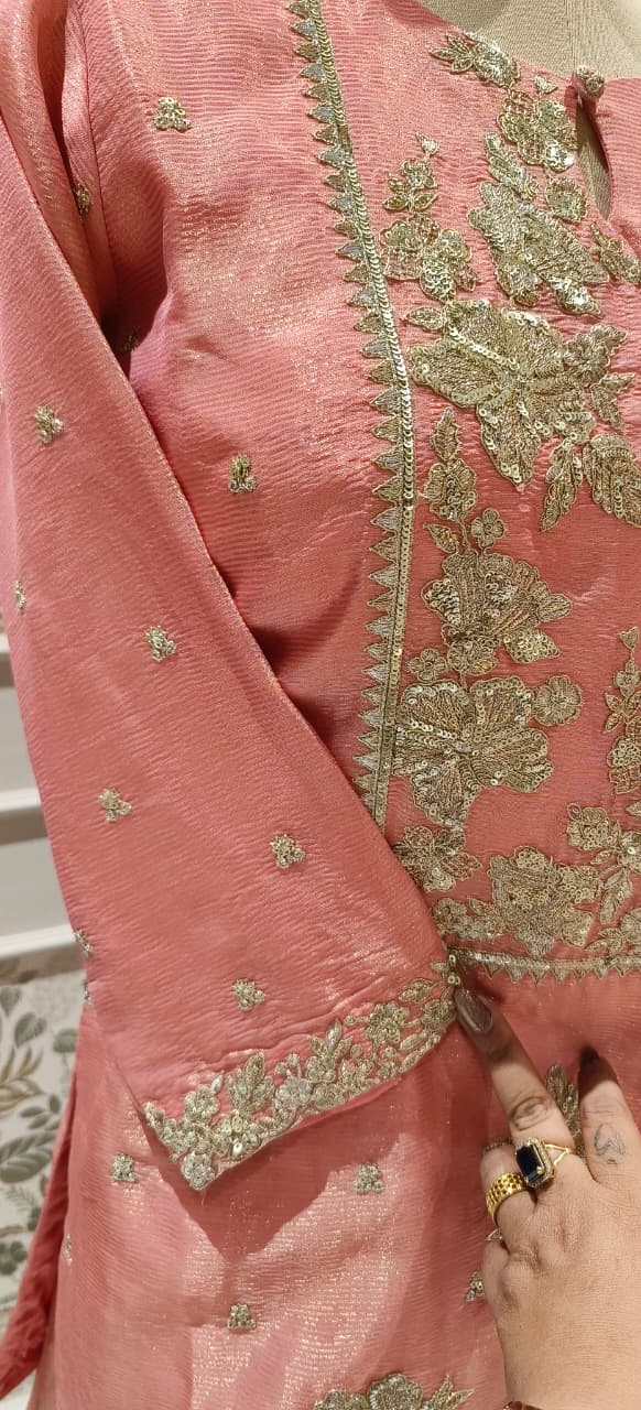 Heavily Designed Pastel Shade Short Length Kurta With Heavy Skirt Bottom(With Cane Cane) & Dupatta In Tissue Fabric