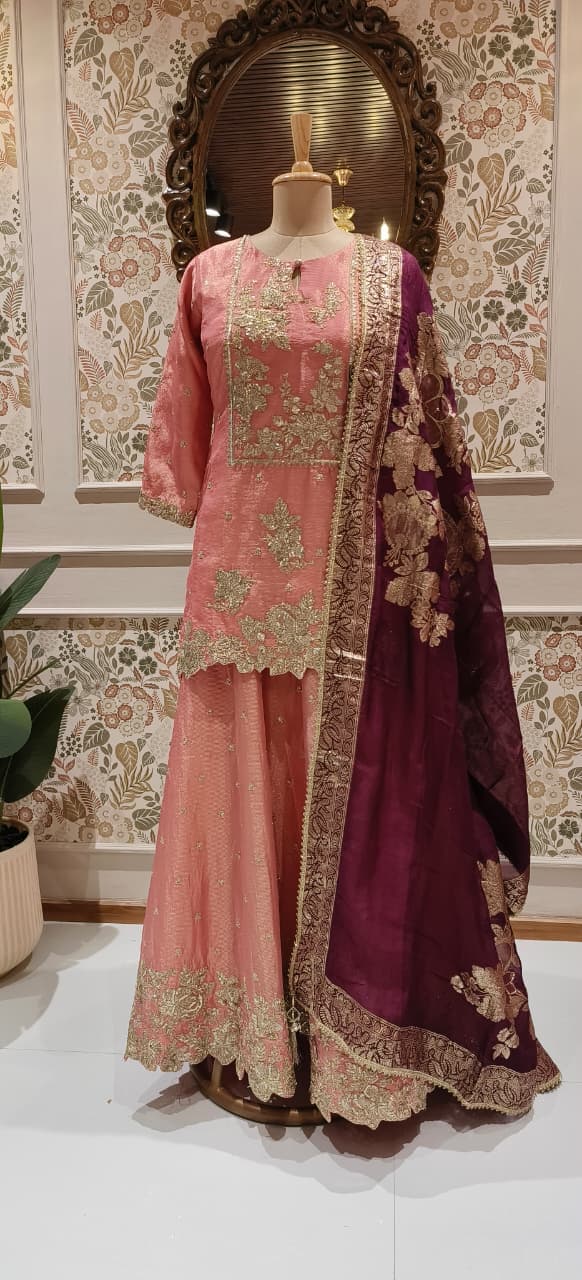 Heavily Designed Pastel Shade Short Length Kurta With Heavy Skirt Bottom(With Cane Cane) & Dupatta In Tissue Fabric