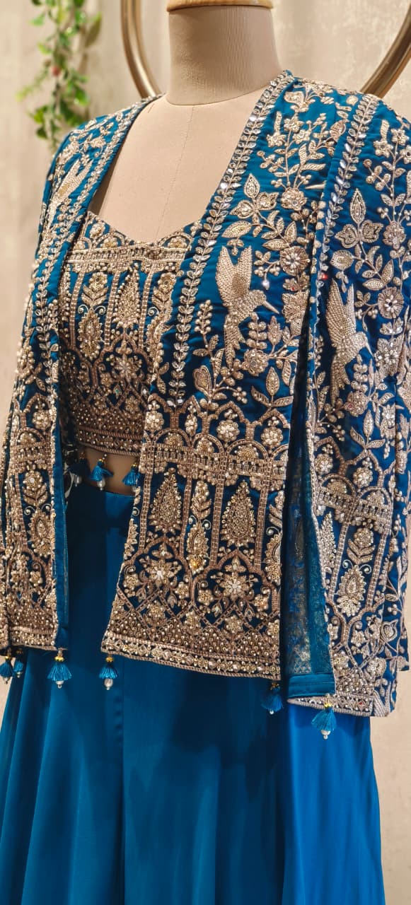 Heavily Hand Embroidered Short Length Open Jacket With Crop Top & Flarred Palazzo Bottom