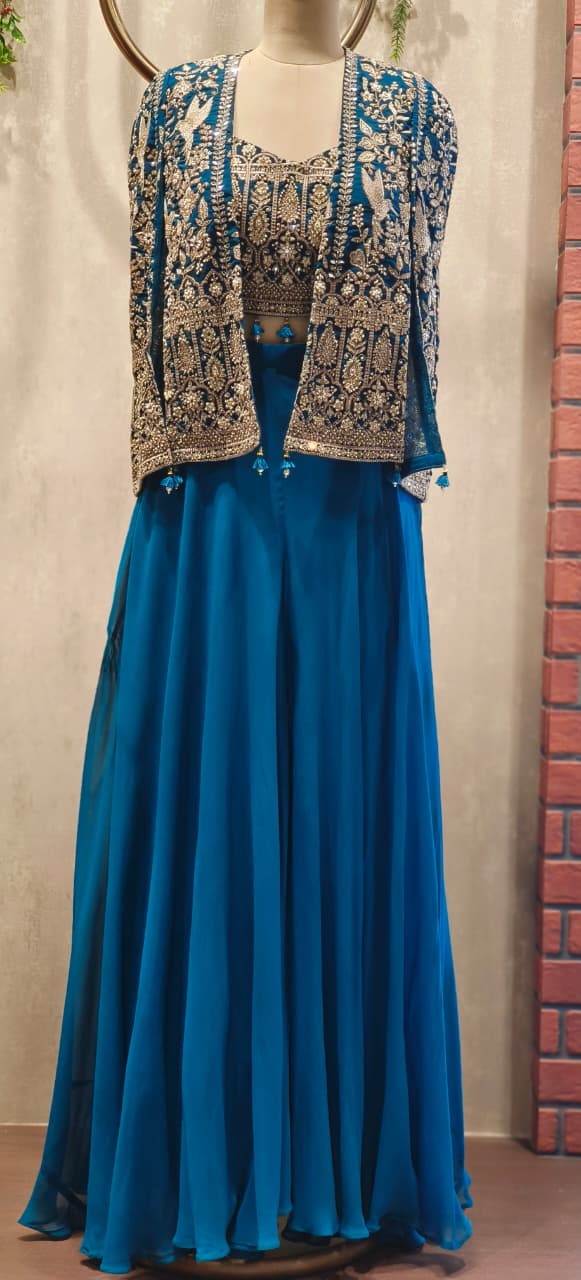 Heavily Hand Embroidered Short Length Open Jacket With Crop Top & Flarred Palazzo Bottom