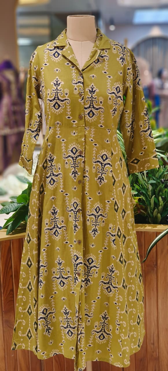 Multiprints Collared A-Line Frock In Cotton Fabric- 12510, 12511, 12512, 12513