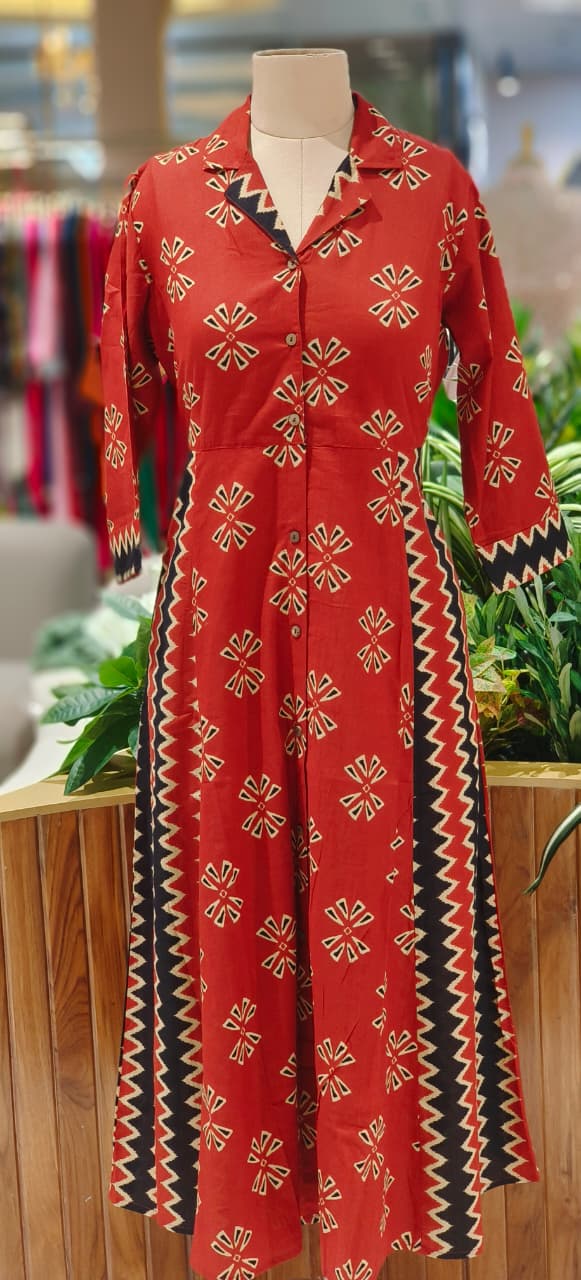 Multiprints Collared A-Line Frock In Cotton Fabric- 12510, 12511, 12512, 12513