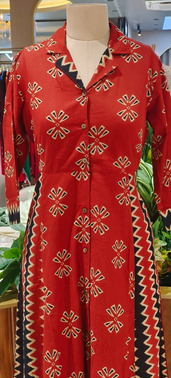 Multiprints Collared A-Line Frock In Cotton Fabric- 12510, 12511, 12512, 12513