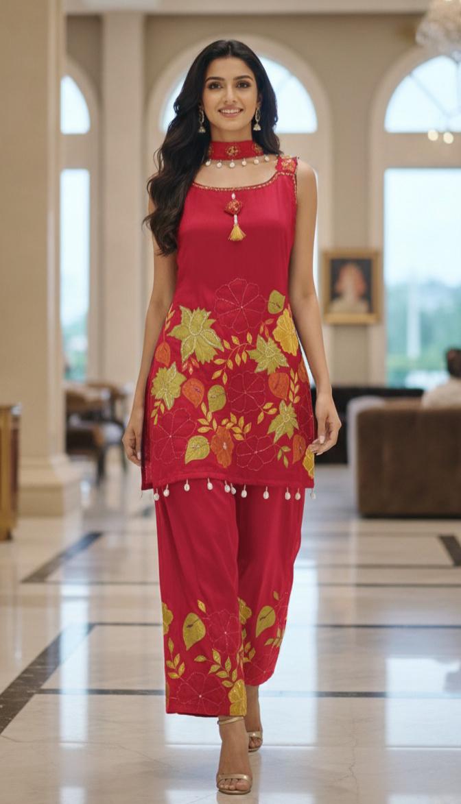 Floral Patched Shell Tasseled Sleeveless Short Length Kurta With Loose Bottom & Chowker Dupatta In Chinon Fabric-12565,12564,12563