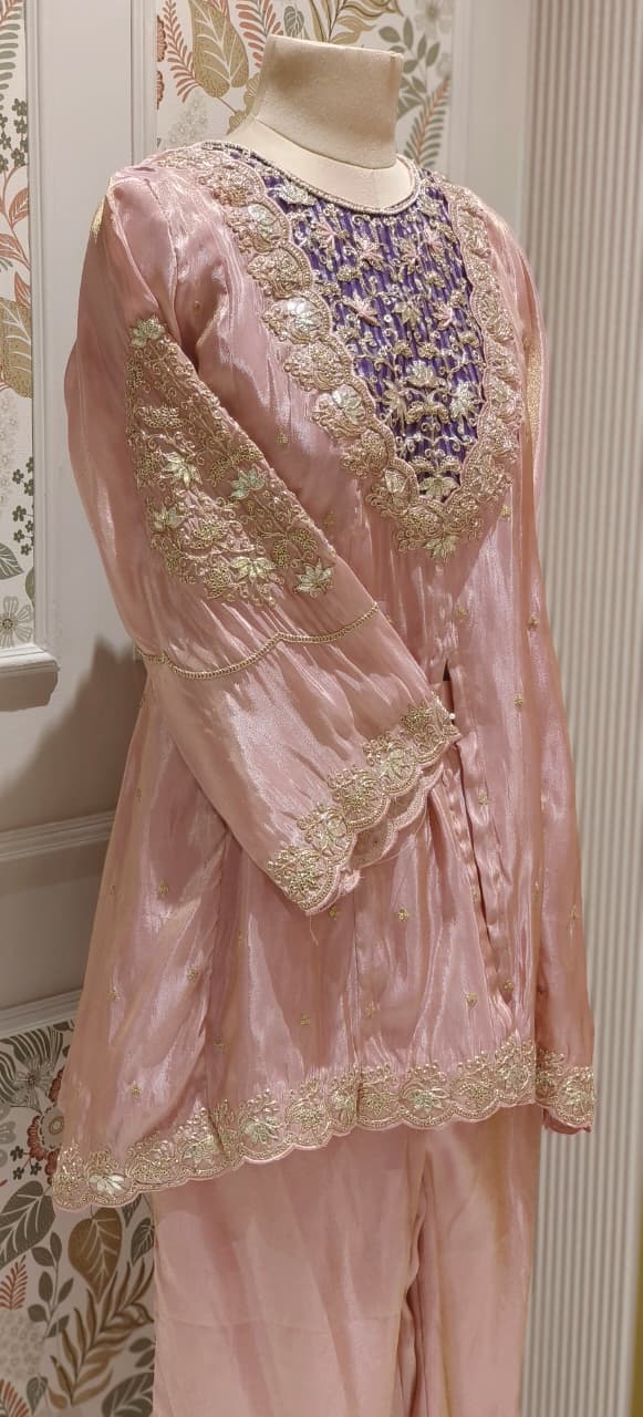 Twin Color Front Work Peplum Front Slitted Panel Kurta With Tapered Palazzo In Tissue Fabric- 12524