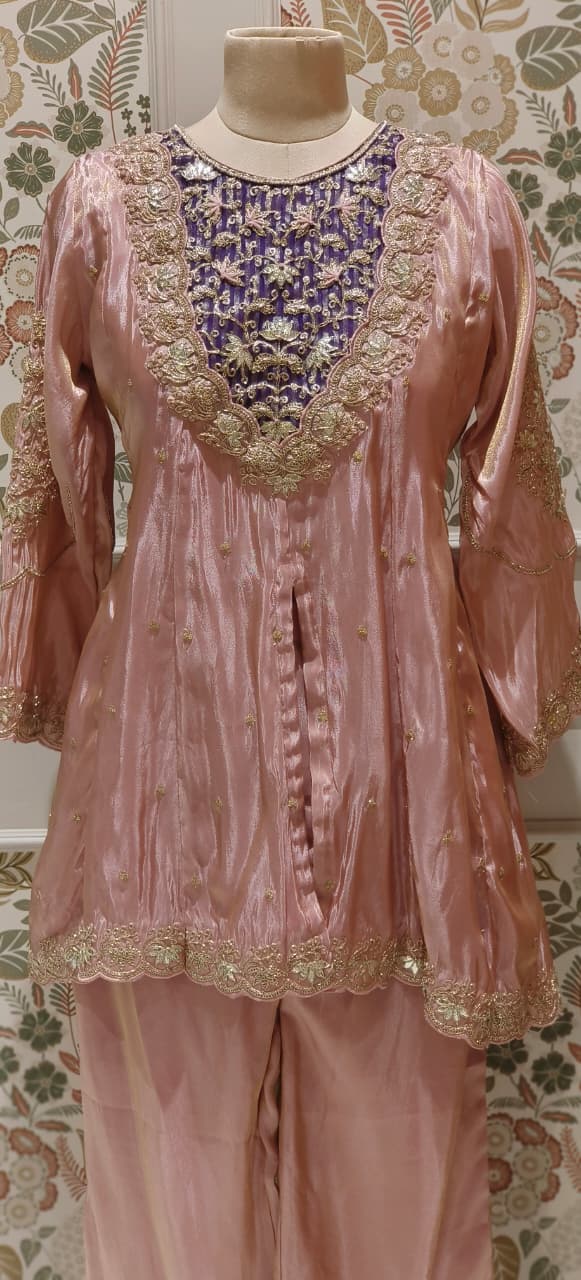 Twin Color Front Work Peplum Front Slitted Panel Kurta With Tapered Palazzo In Tissue Fabric- 12524