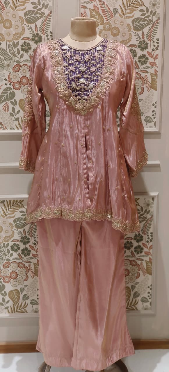 Twin Color Front Work Peplum Front Slitted Panel Kurta With Tapered Palazzo In Tissue Fabric- 12524