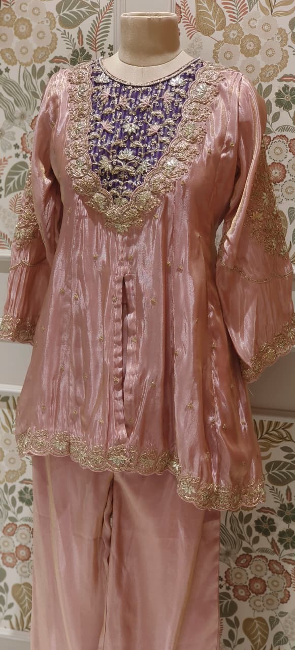 Twin Color Front Work Peplum Front Slitted Panel Kurta With Tapered Palazzo In Tissue Fabric- 12524