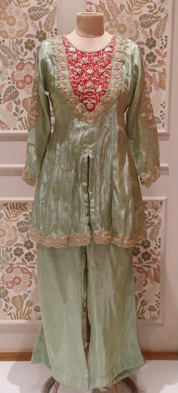 Twin Color Front Work Peplum Front Slitted Panel Kurta With Tapered Palazzo In Tissue Fabric- 12524