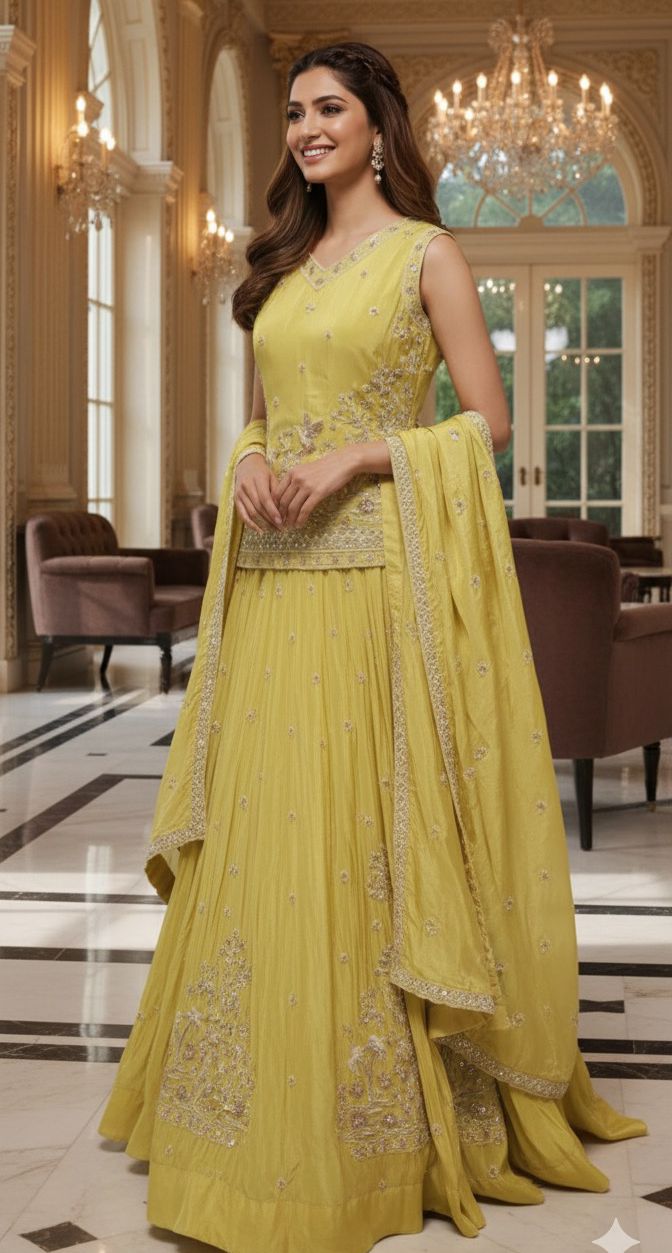 Premium Sunshine Yellow Silk Lehenga Set with Intricate Zari Thread Embroidery and Matching Dupatta-12556 Dry Wash