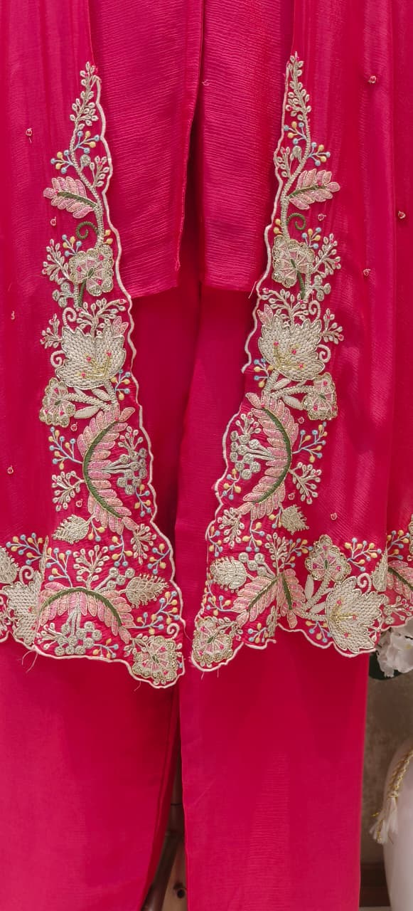 Exclusive Chinon Three-Piece Indo western Party Wear Outfit Featuring Rich Multi colour Zari, Sequence & Thread Handwork