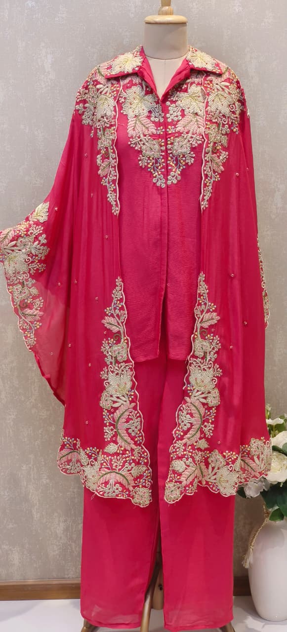 Exclusive Chinon Three-Piece Indo western Party Wear Outfit Featuring Rich Multi colour Zari, Sequence & Thread Handwork