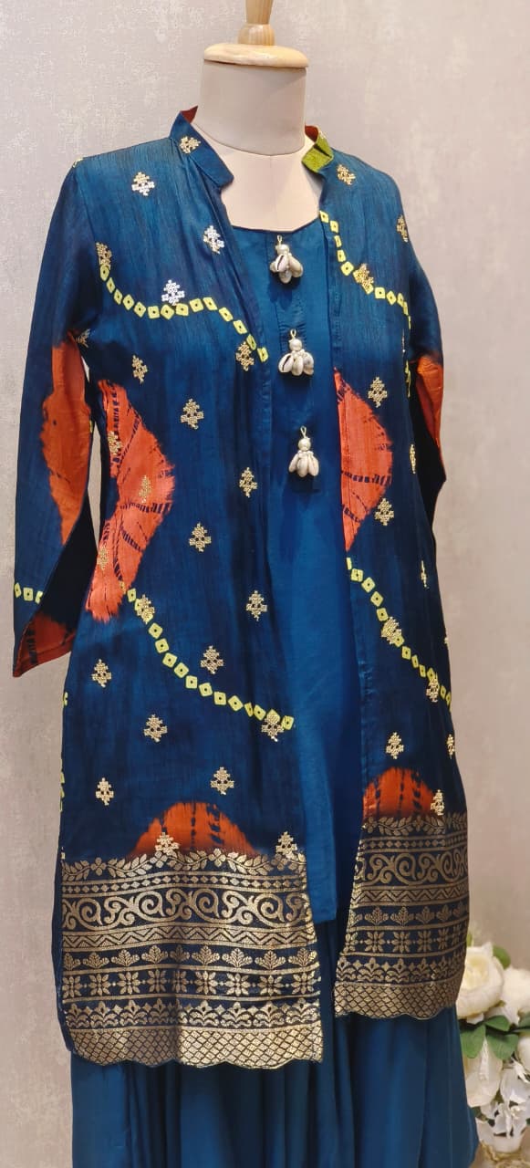 Designer Multi-Tone Silk Jacket Style Kurta Set with Golden Zari Border and Green Harem Bottom