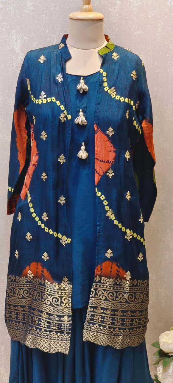 Designer Multi-Tone Silk Jacket Style Kurta Set with Golden Zari Border and Green Harem Bottom