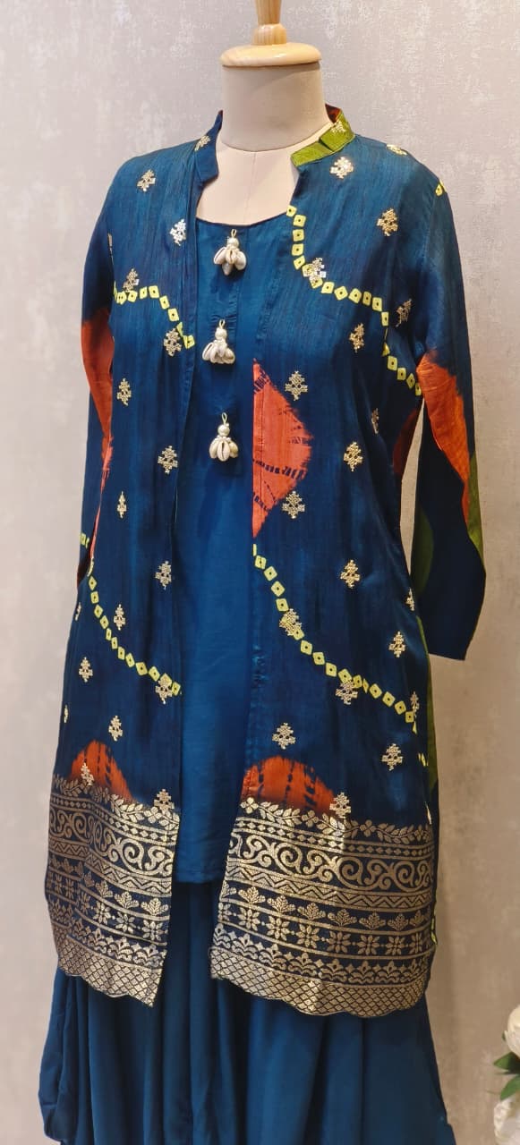 Designer Multi-Tone Silk Jacket Style Kurta Set with Golden Zari Border and Green Harem Bottom