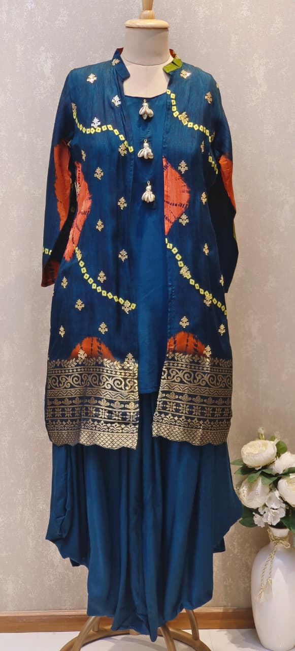 Designer Multi-Tone Silk Jacket Style Kurta Set with Golden Zari Border and Green Harem Bottom