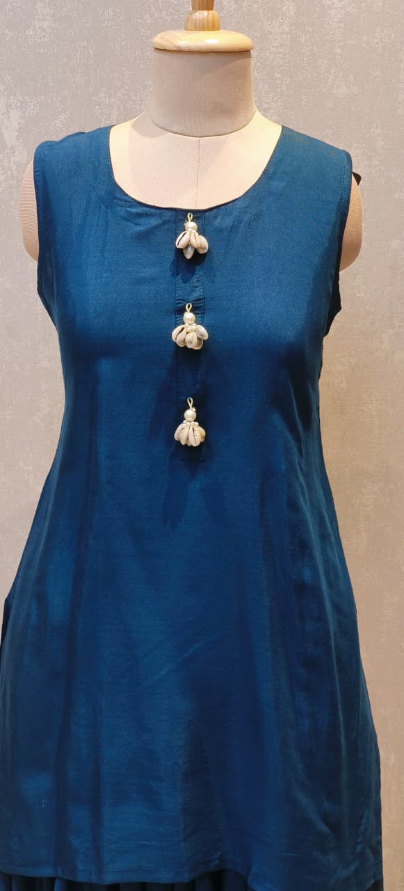 Designer Multi-Tone Silk Jacket Style Kurta Set with Golden Zari Border and Green Harem Bottom