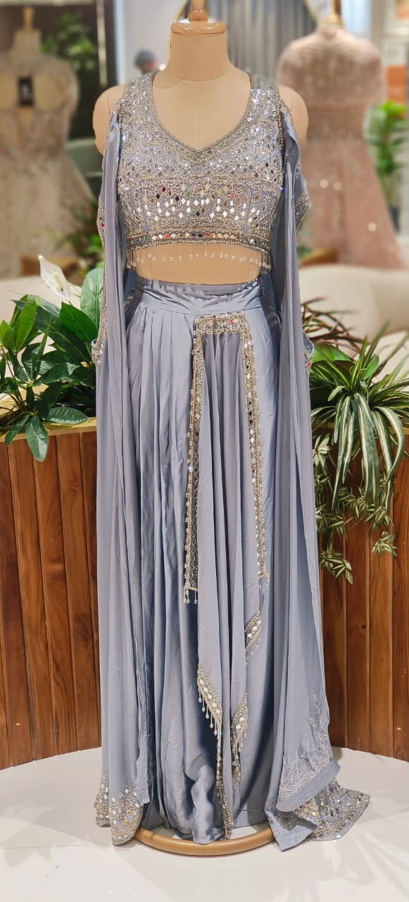 High-Fashion Partywear Drape Skirt Set with Heavy Hand-Embroidered Mirror Blouse, Dramatic Side Cut Drape & Crystal Hangings