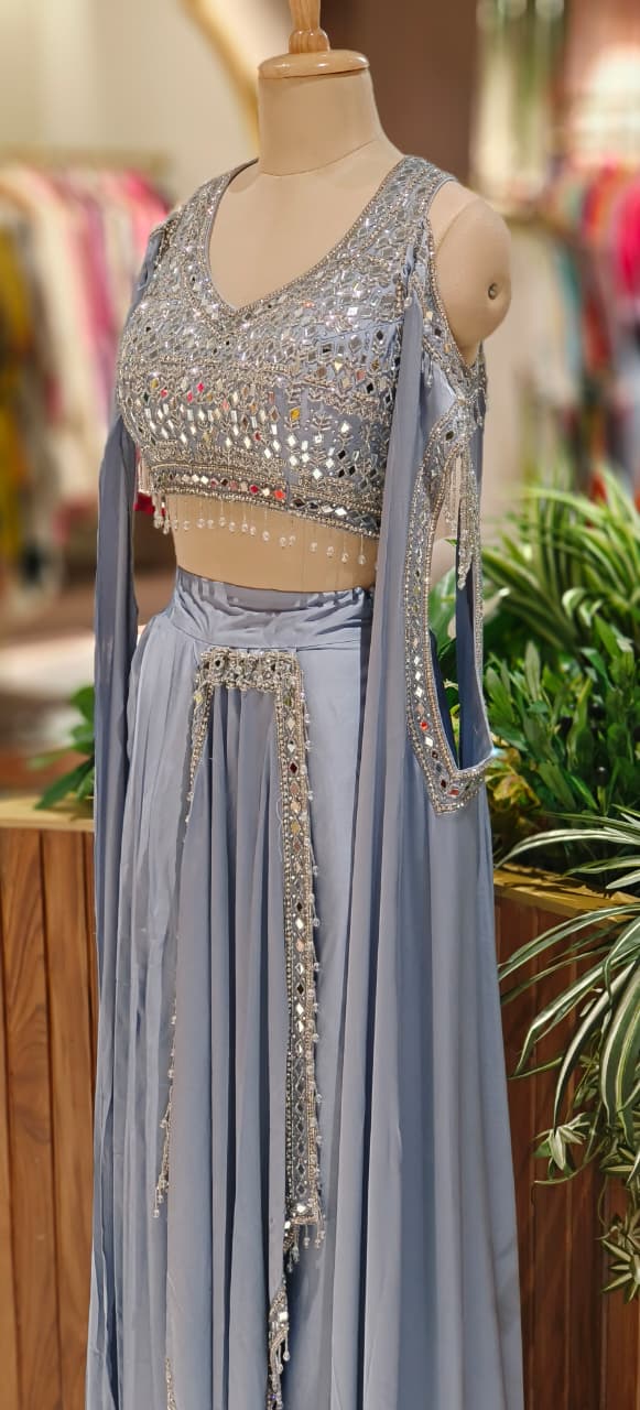 High-Fashion Partywear Drape Skirt Set with Heavy Hand-Embroidered Mirror Blouse, Dramatic Side Cut Drape & Crystal Hangings