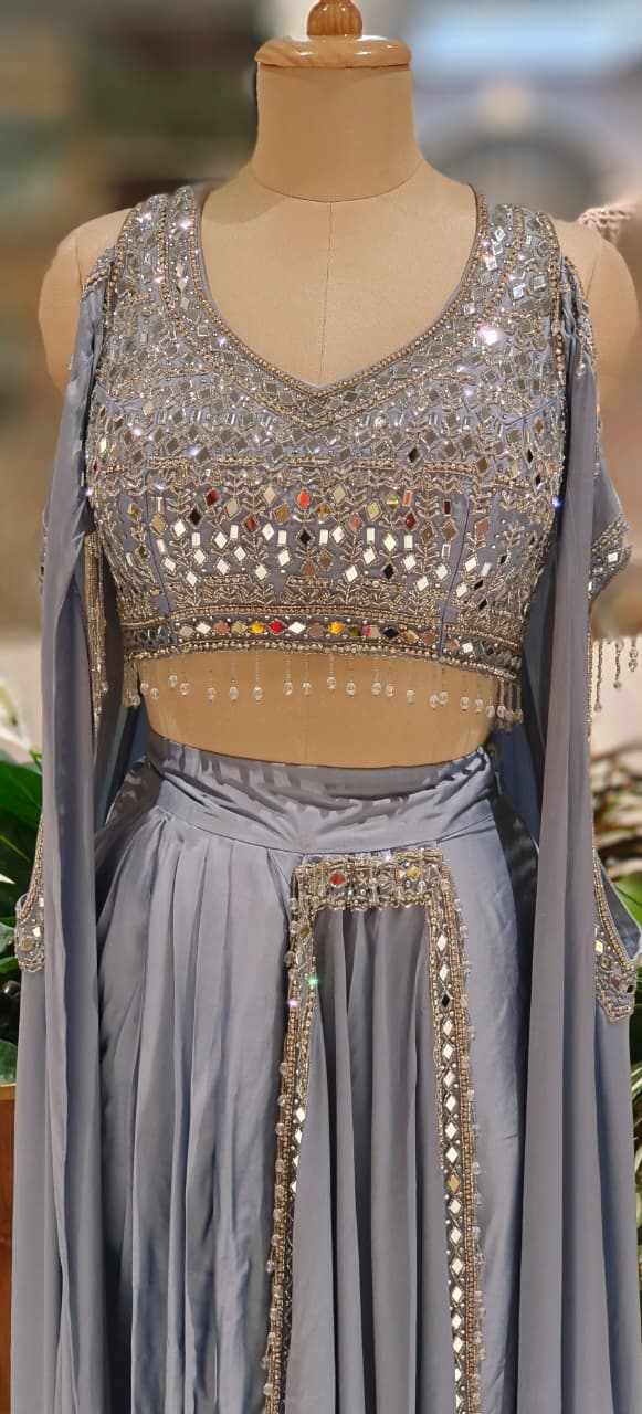 High-Fashion Partywear Drape Skirt Set with Heavy Hand-Embroidered Mirror Blouse, Dramatic Side Cut Drape & Crystal Hangings