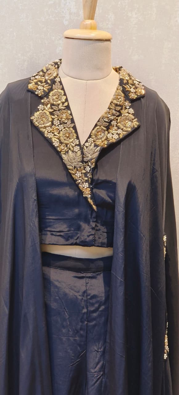 Elegant Rich Antique Gold Floral Embroidery on Neckline Collar Crop Top With Drape Skirt Bottom DRYWASH-12398,12397