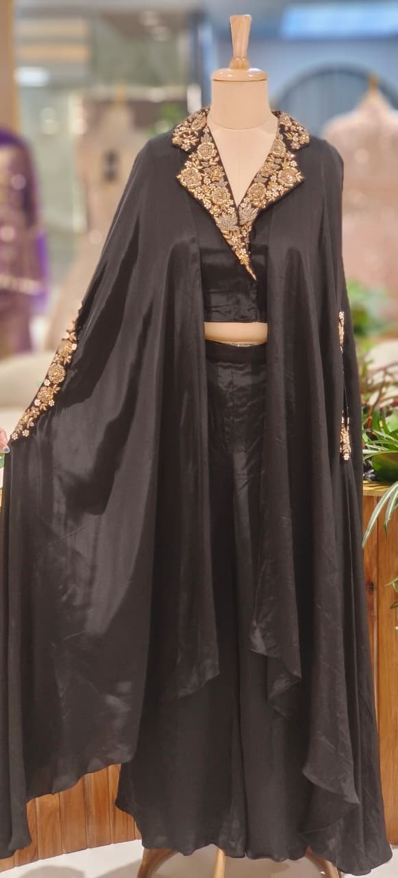 Elegant Rich Antique Gold Floral Embroidery on Neckline Collar Crop Top With Drape Skirt Bottom DRYWASH-12398,12397