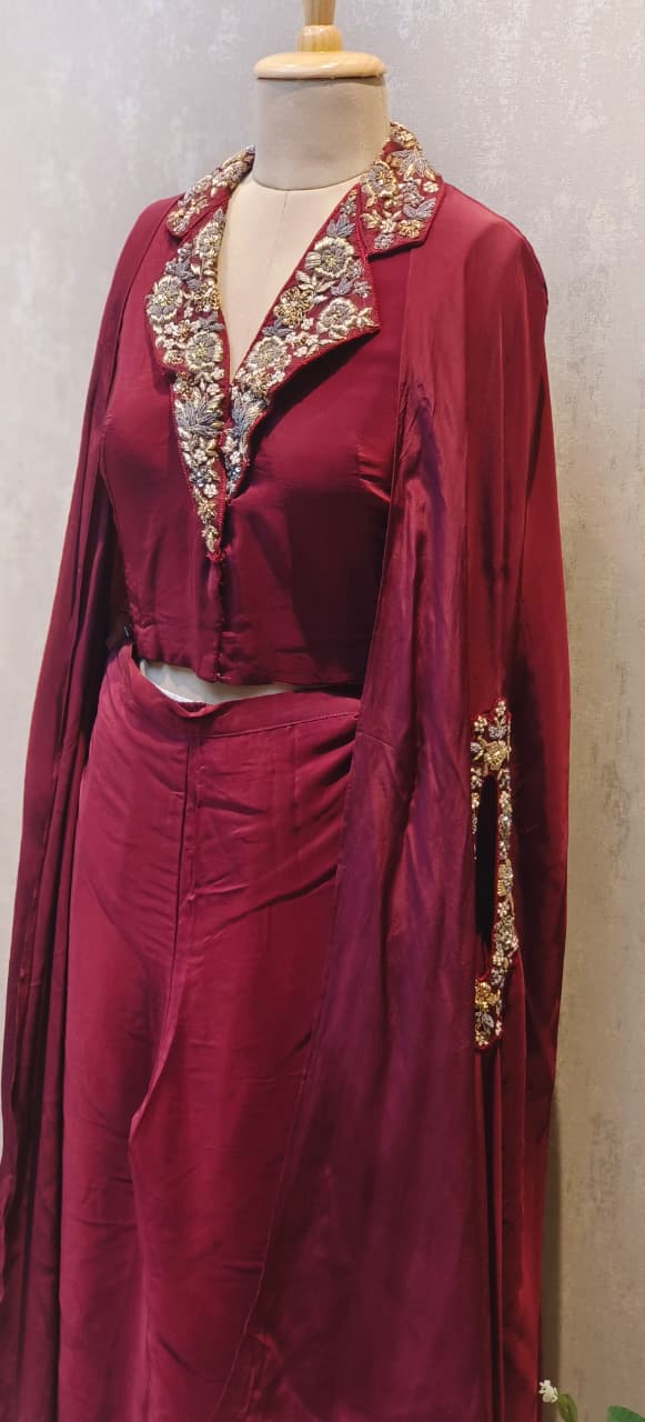 Elegant Rich Antique Gold Floral Embroidery on Neckline Collar Crop Top With Drape Skirt Bottom DRYWASH-12398,12397