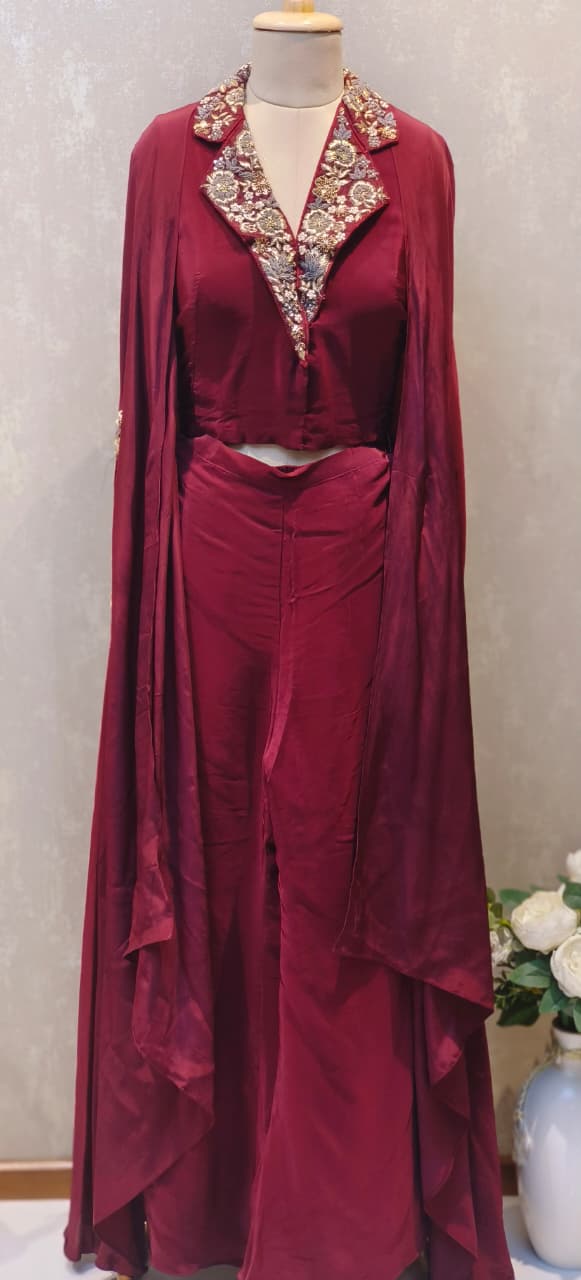 Elegant Rich Antique Gold Floral Embroidery on Neckline Collar Crop Top With Drape Skirt Bottom DRYWASH-12398,12397