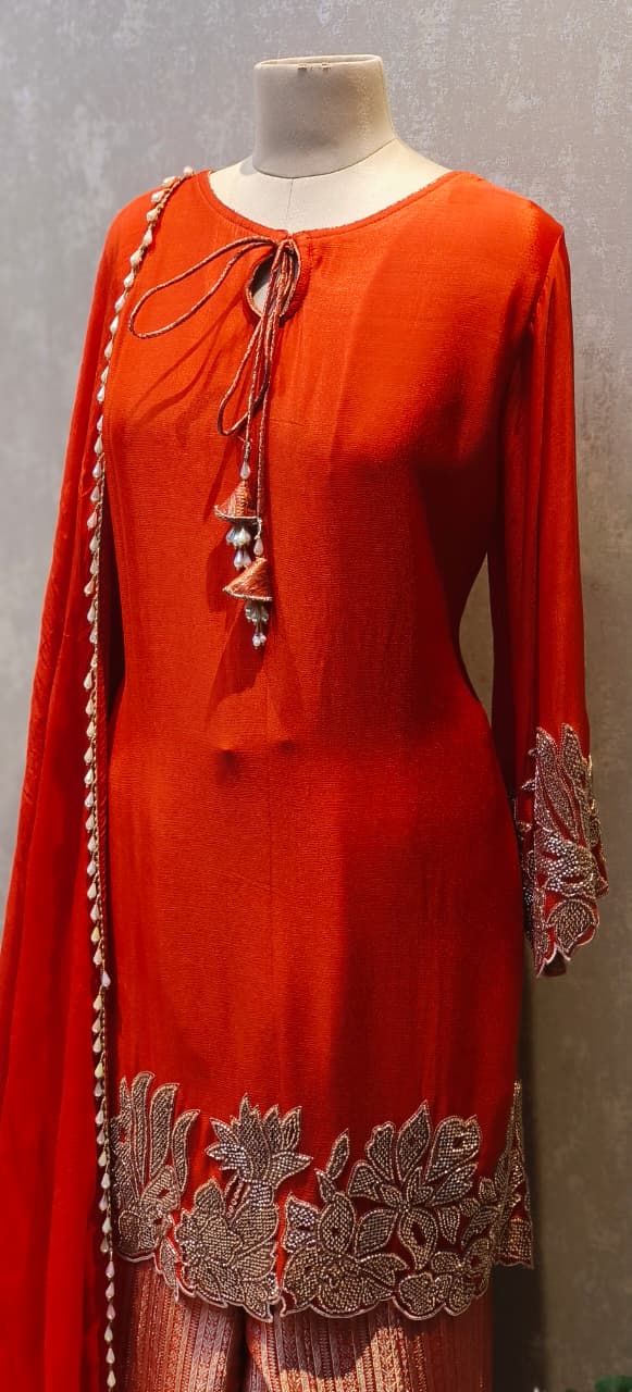 Premium Fuchsia Embroidered Kurta with Zari Work Heavy Brocade Palazzo and Matching Dupatta-12455,12457
