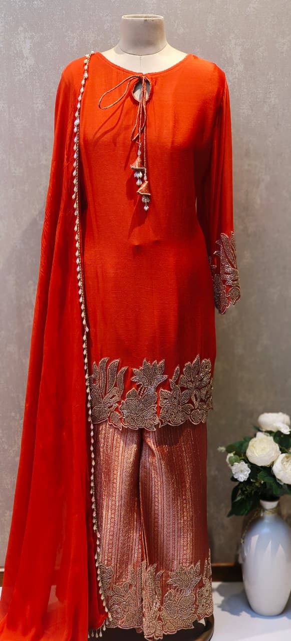 Premium Fuchsia Embroidered Kurta with Zari Work Heavy Brocade Palazzo and Matching Dupatta-12455,12457