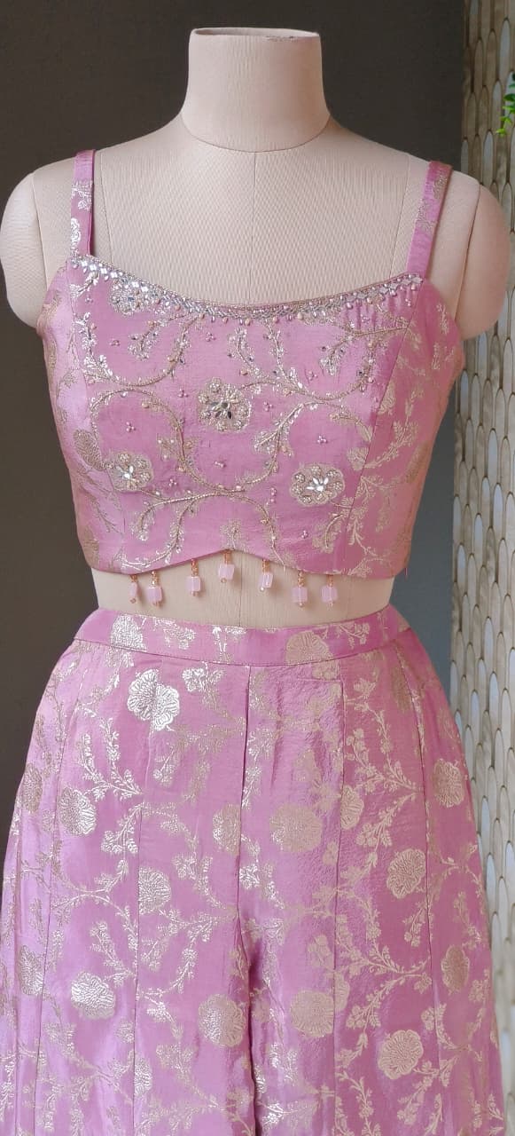 Premium Banarasi Brocade Three-Piece Co-Ord Set with Embellished Jacket, Crop Top & Flared Palazzo