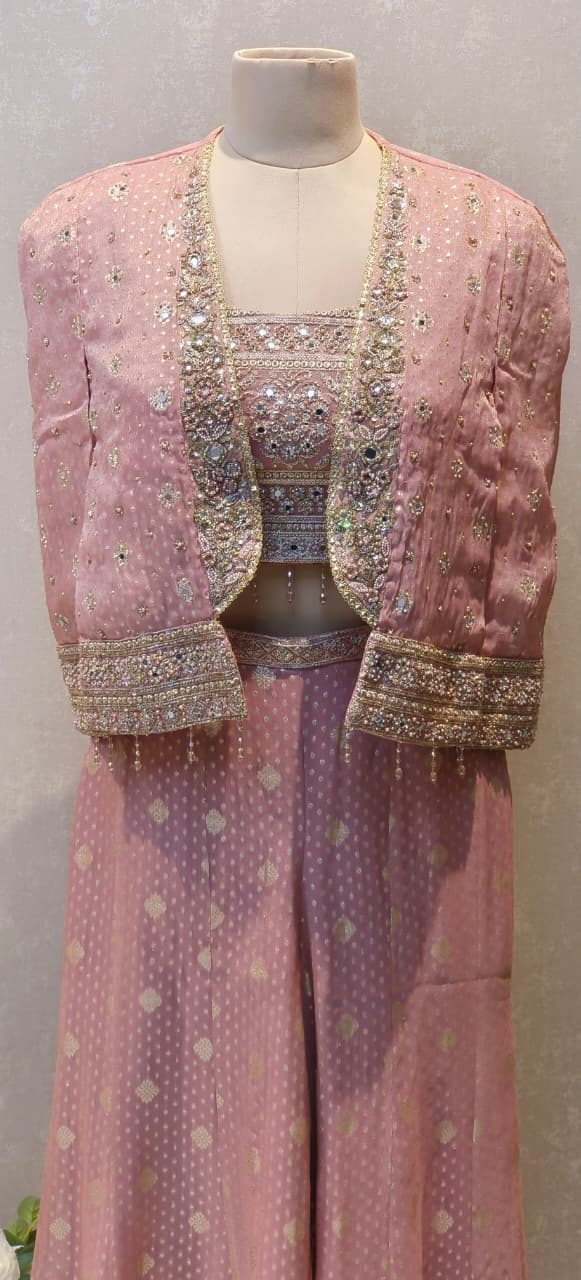 Banarasi Silk Premium Jacket Suit Set with Heritage Weave Detail, Embellished Crop Top & Wide Flared Bottoms