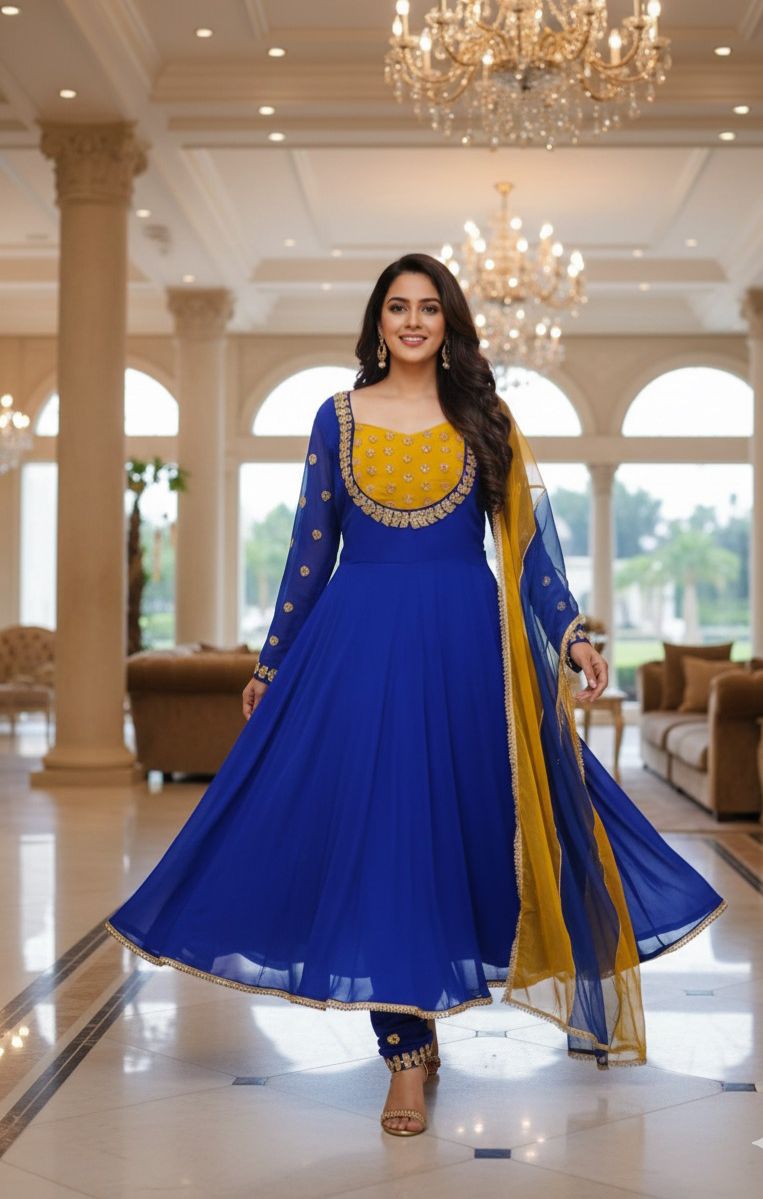 Royal Combination Blue Yellow Zardosi Handwork Anarkali Full Suit Set With Dupatta