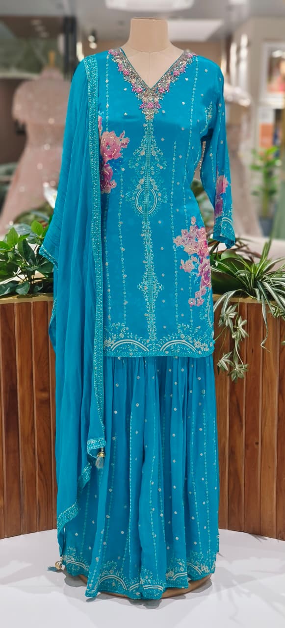 Elegant Blue Printed Kurta with Embellished V-Neck Paired with Flowy Sharara & Matching Dupatta-12633