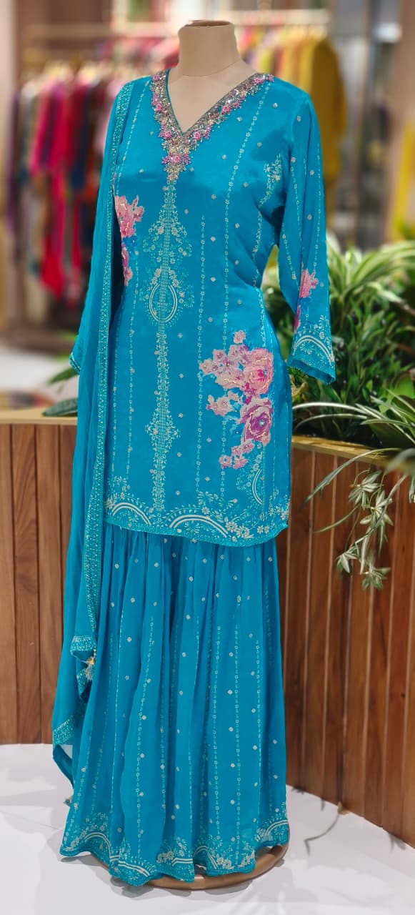 Elegant Blue Printed Kurta with Embellished V-Neck Paired with Flowy Sharara & Matching Dupatta-12633